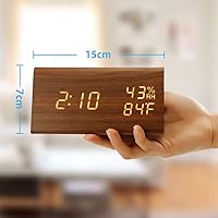 Vista 2 de Reloj de alarma de madera OCT17, reloj digital LED inteligente para recámara/escritorios, actualizado con temperatura del tiempo, brillo ajustable