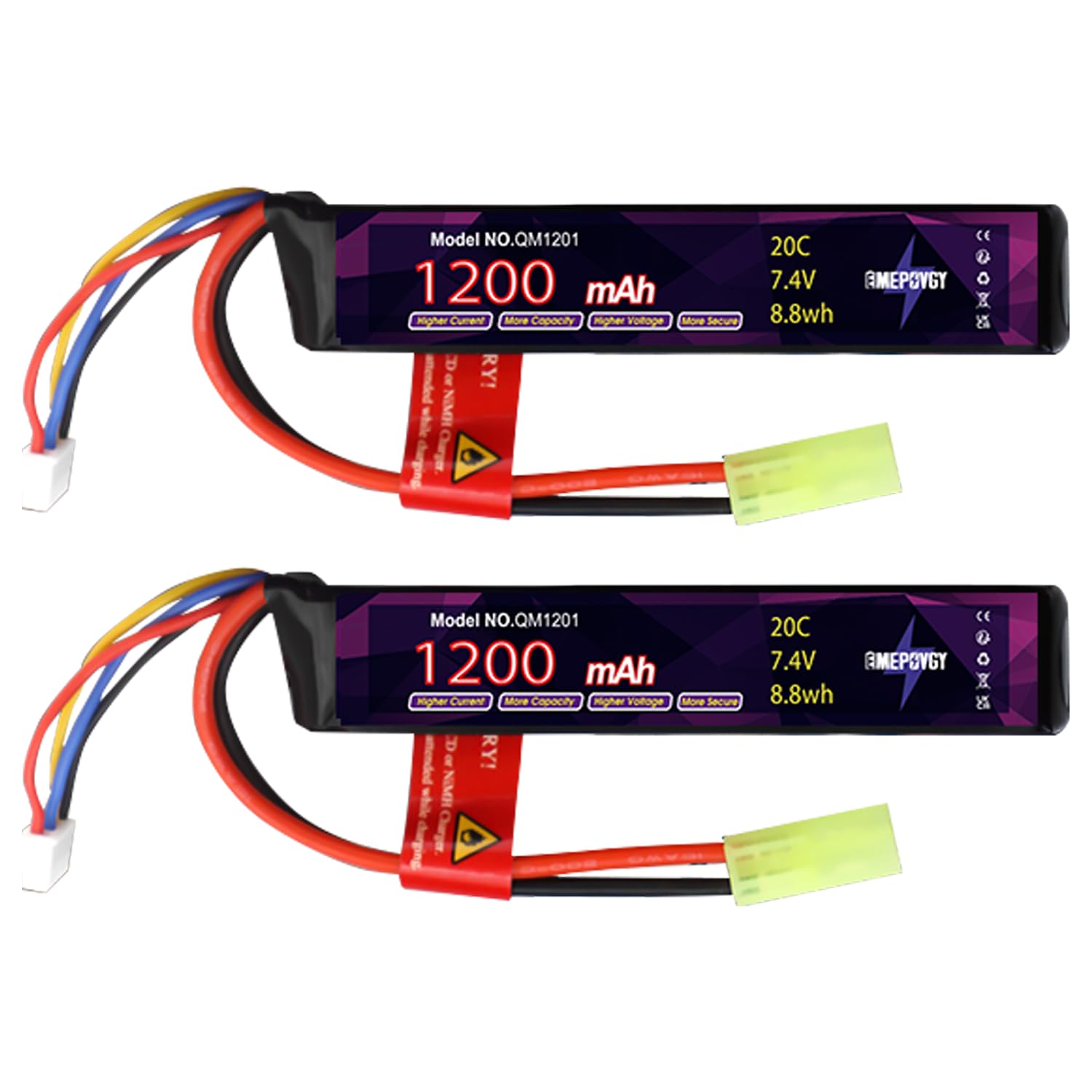 2S Lipo Airsoft - Batteria ricaricabile ai polimeri di litio, 7,4 V, 1200 mAh, 20C, con mini spina TMY per fucili da softair - 2096 (2 confezioni)