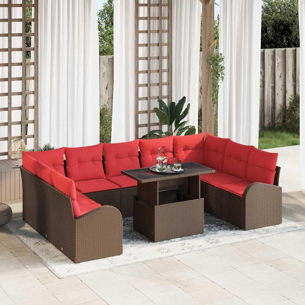 Ensemble de Canapé de Jardin 10 Pcs en Poly Rotin Marron | Salon de Jardin Modulable 9 Places avec Table Réglable en Hauteur et Cousins Rembourrés | Idéal pour Grande Terrasse et Patio