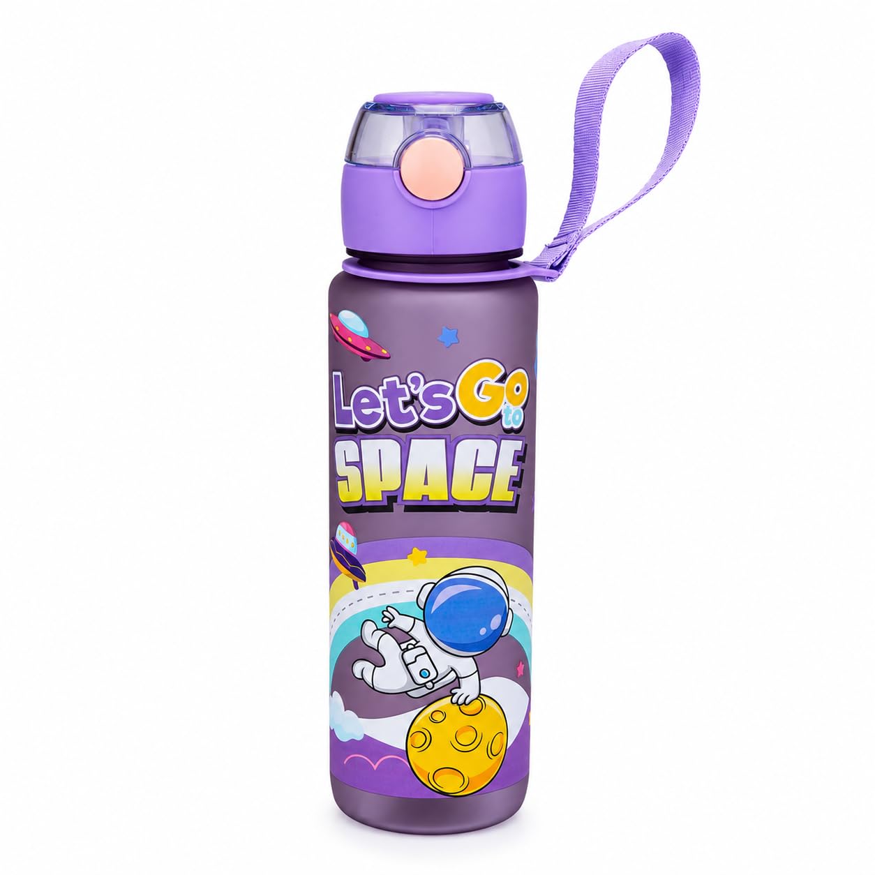 Space Bottle Leakproof Sports Water Bottle, Cute Children astronaut Water Bottle Modern and Durable Portable Drinking Bottle for Gym and Fitness with Strap, BPA Free (Purple)