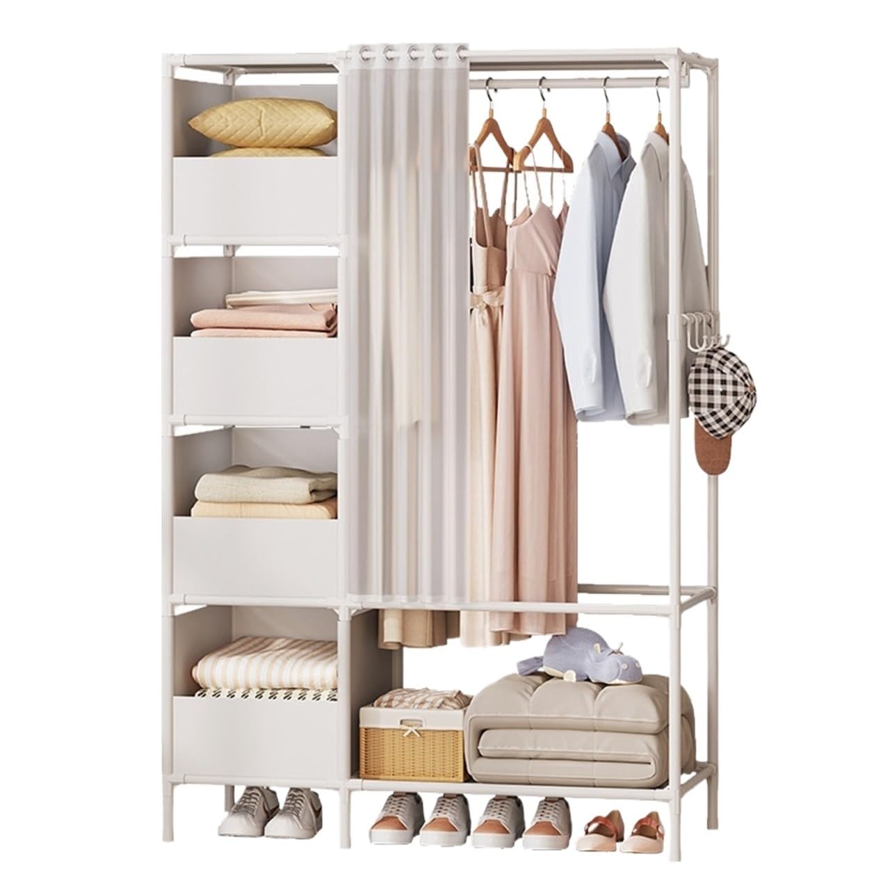 Garde-Robe, Armoire Autoportante avec Tringles Suspendues Et Rangement De Vêtements for Rideaux for Vestiaire Meuble de Rangement(White)