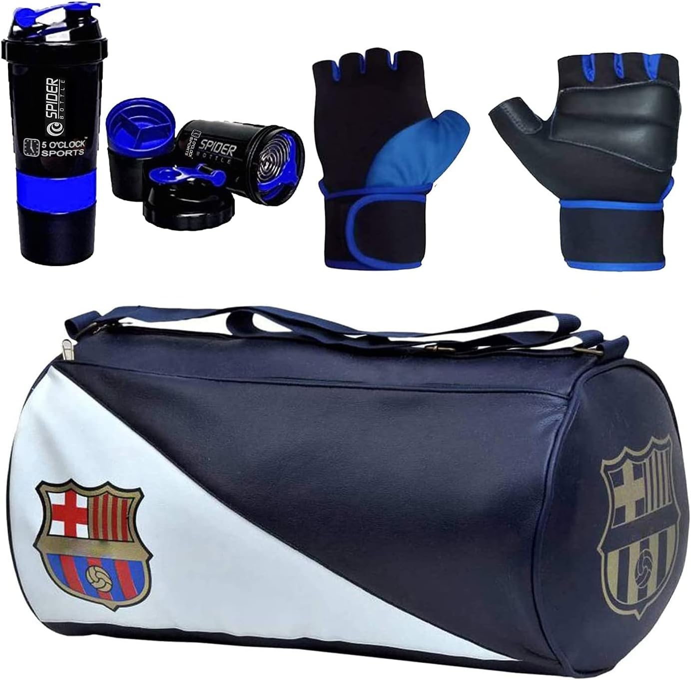 5 O'CLOCK SPORTS Men's/Women's New Sports Kit of Football Leather Gym Bag, Gloves and Spider Shaker with 2 Extra Compartment Gym kit for Men and Women ll Gym Bag Gym & Fitness Kit, Blue, Standerd, Gym Bags