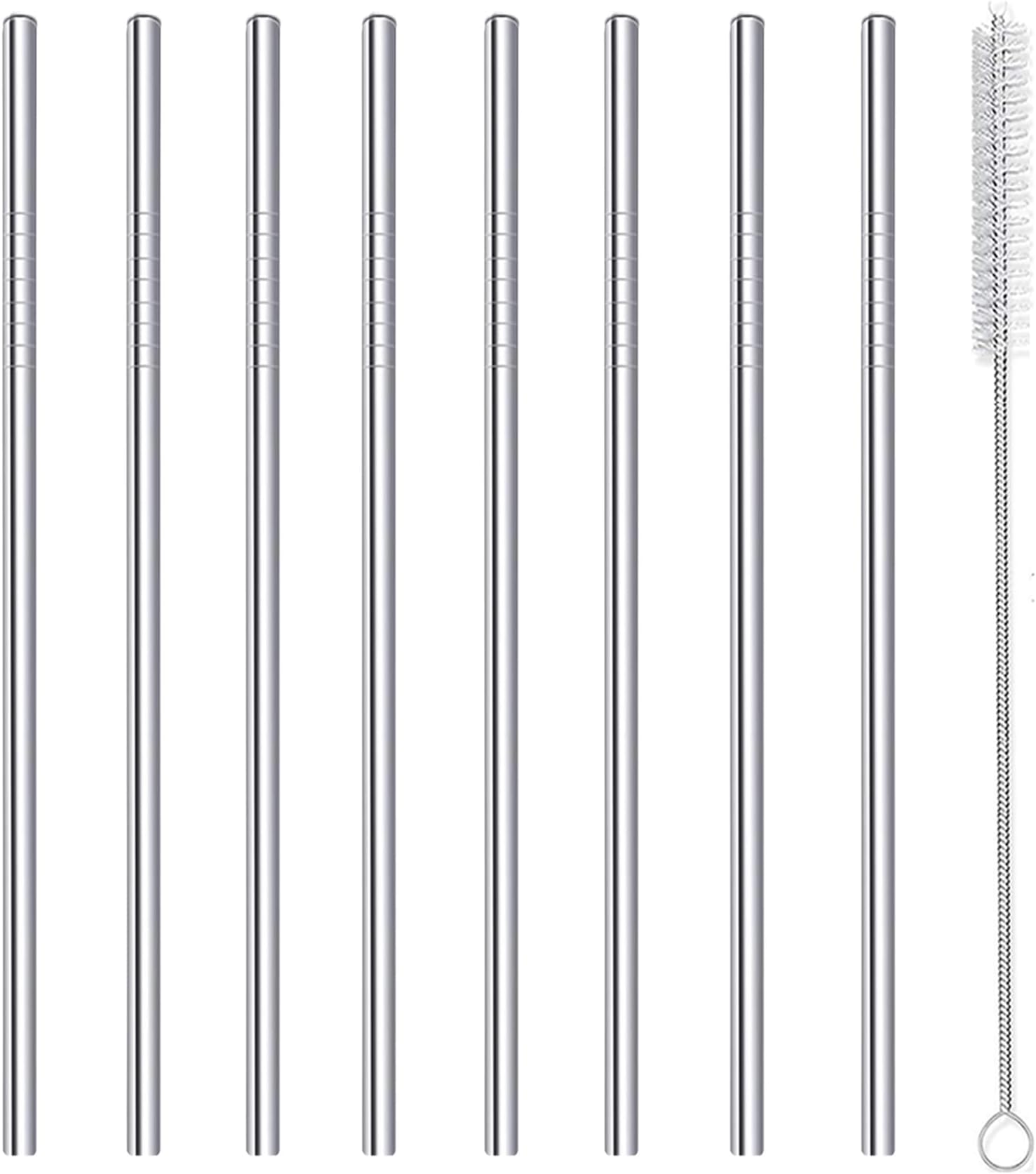 Stainless Steel Straws Metal Reusable Drinking Straw for Juice Iced Coffee Cold Beverage Water Highball Glasses 20oz Tumblers Mugs Cups, 0.24" 6mm Wide 215mm Long, Set of 8 with Brush, Silver