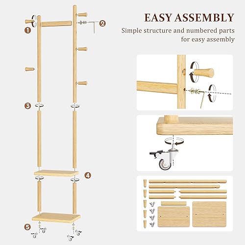 Miniatura 8 de Solid Wood Coat Rack Freestanding Clothing Rack with Wheels & 2 Shelves Storage & 5 Hooks Heavy Duty Clothes Rack Wood Coat Tree Stand Hat Hanger