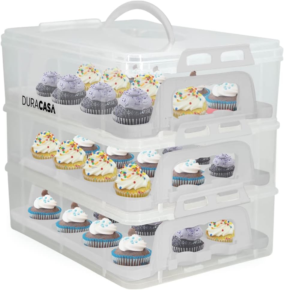 Cupcake Carrier, Cupcake Holder | Premium Upgraded Model Holds Cupcakes Steadier | Store up to 36 Cupcakes or Muffins | Stacking Cupcake Storage Container | Use 1,2, or 3 Tiers (White)