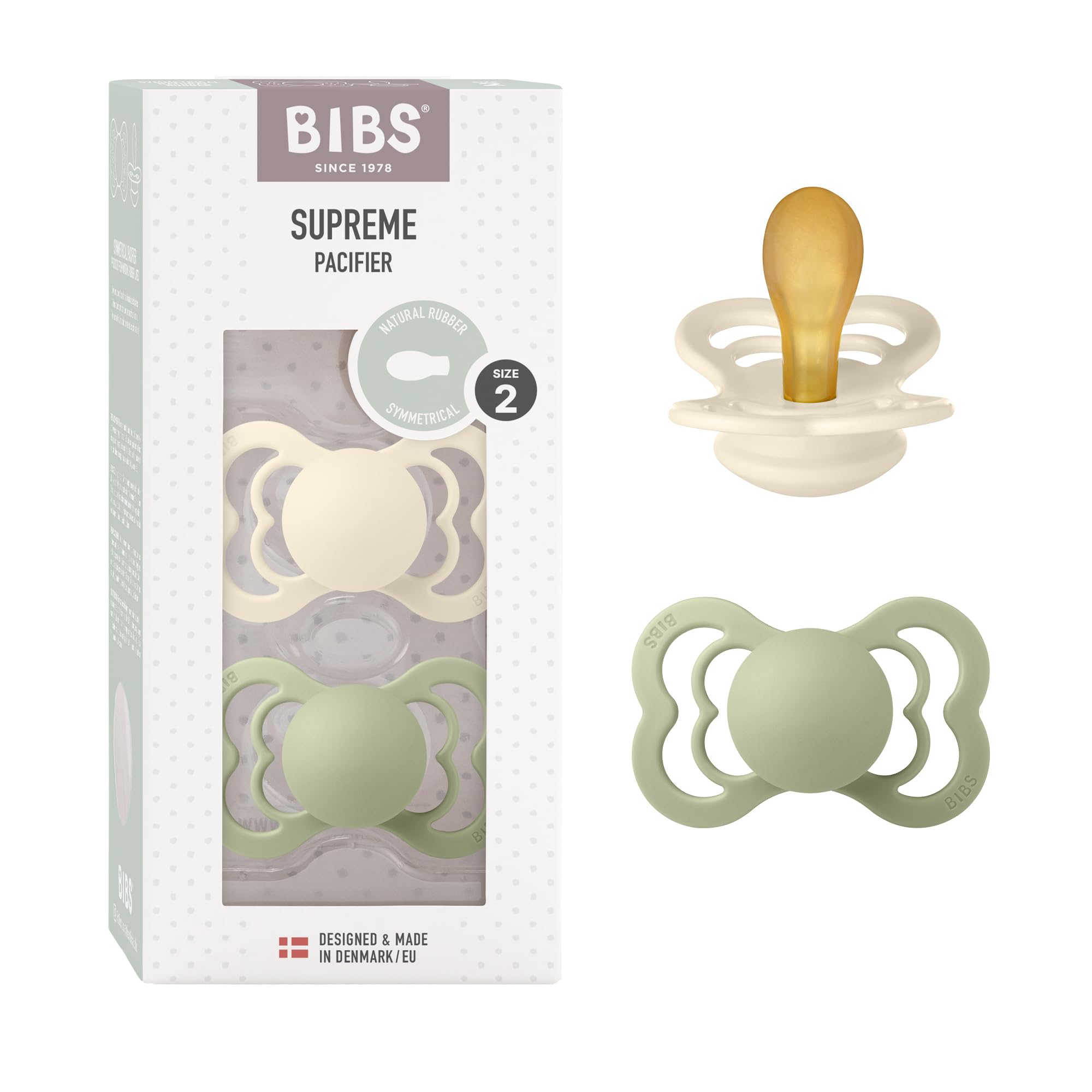 BIBS Pacifiers - Supreme Collection | BPA-Free Symmetrical Nipple | Natural Rubber Latex | Made in Denmark | Set of 2 Ivory/Sage Color Premium Soothers | Size 6-18 Months