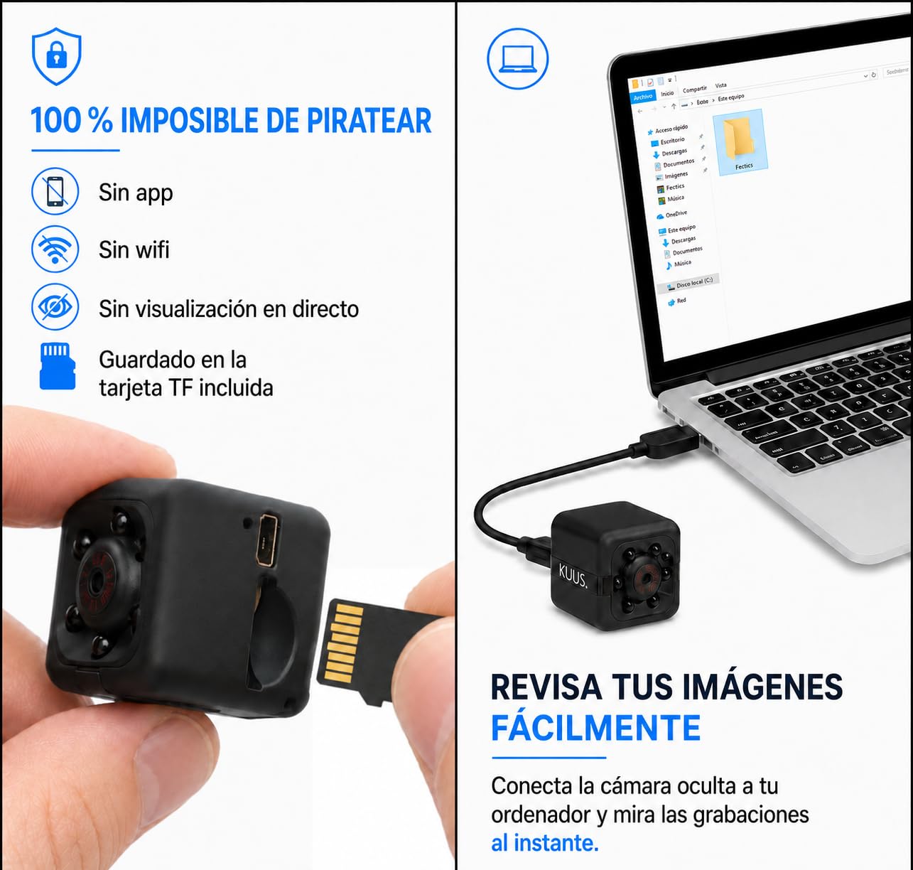 KUUS C1 Mini Cámara Espía Más Pequeña Europa 2,3cm Cámara Oculta Sin WiFi Full HD 1080P, Micro Cámara Espia Camuflada, Vigilancia Sin Cables, SD 32 GB, Night Vision Class 10 U3 ISO 10000+ Vendidos
