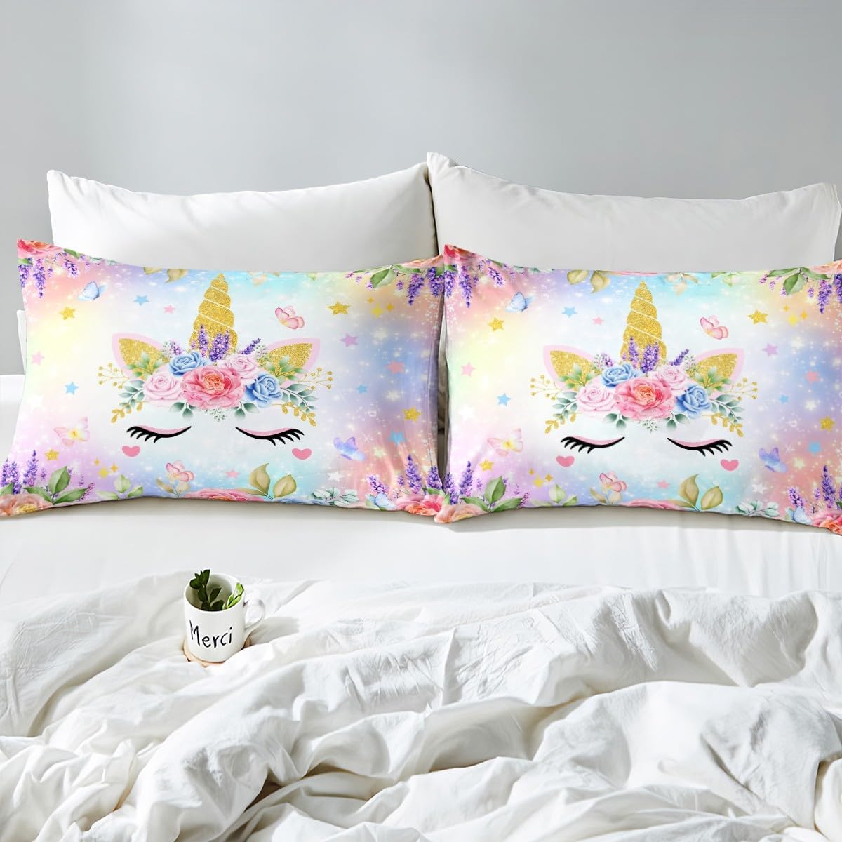 Erosebridal Floral Unicorn Bedding Sets Toddler for Girls Princess Bedroom Decor Duvet Cover, Rainbow Unicorn Comforter Cover Blue Purple Gradient Bedspread Cover Cute Cartoon Dreamy Themed Beddings