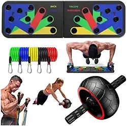 Kit Apoio Flexão Com Roda Abdominal e Elástico Extensor Treino Completo Musculação Fisioterapia Academia em Casa