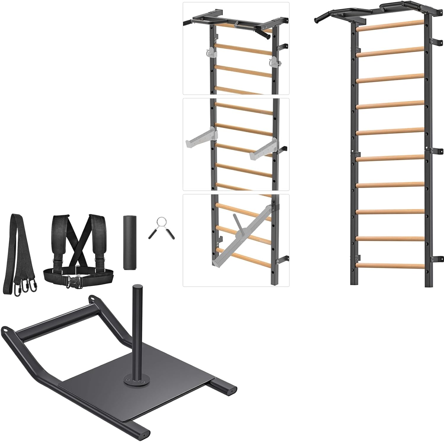 Kipika Gymnastic Stall Bar & Weight Sled Bundle - Swedish Ladder with Adjustable Dip Bar, Push Up Stands, and Workout Sled for Home Gym, Fitness, and School