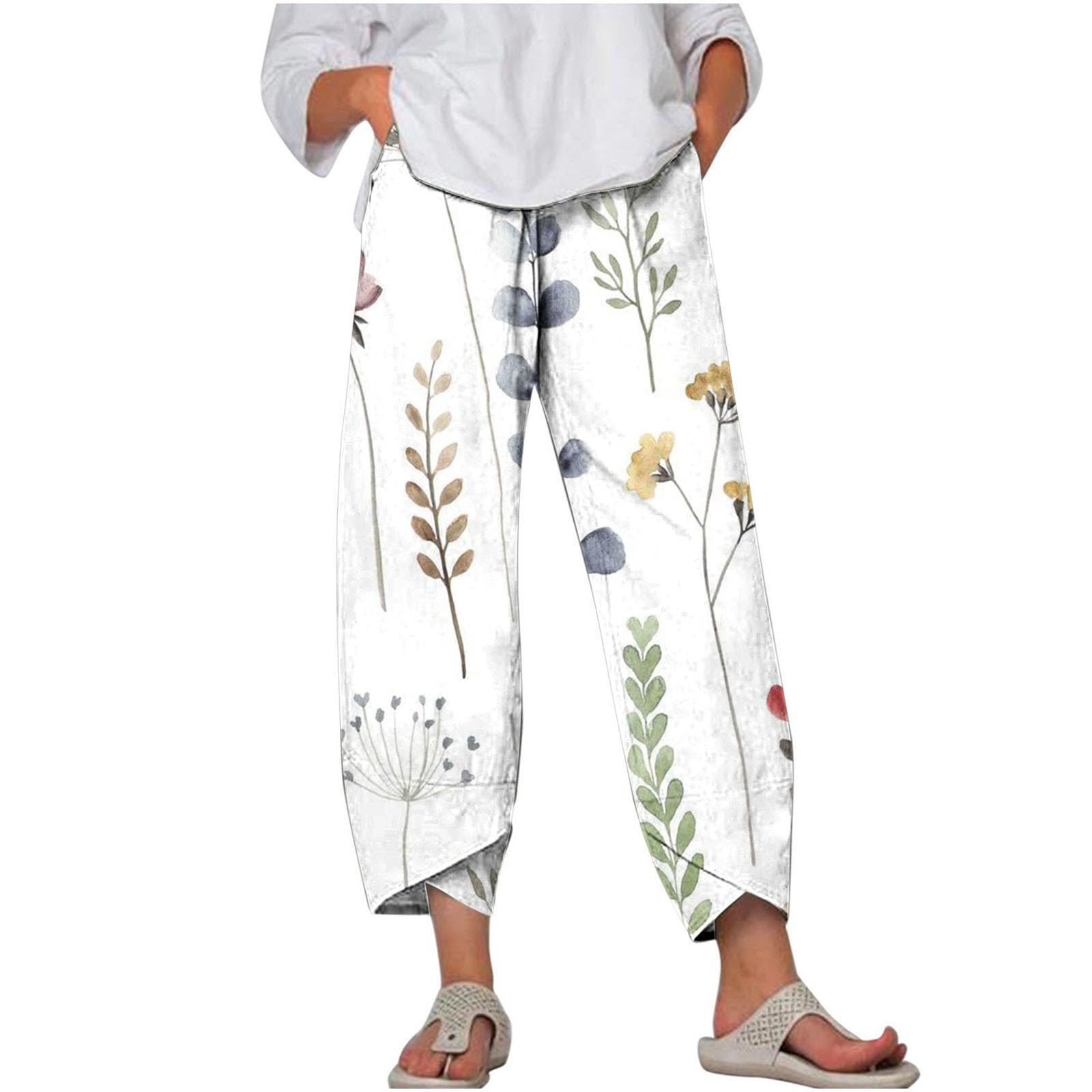 7/8 Hosen Damen Sommer Musselin Leinen Damen Hose Leinen Baumwolle Farbverlaufsdruck Sommerhose Casual Leichte Bequeme Luftige Freizeithose Strandhose Mit Taschen Stretch High Waist mit Kordelzug