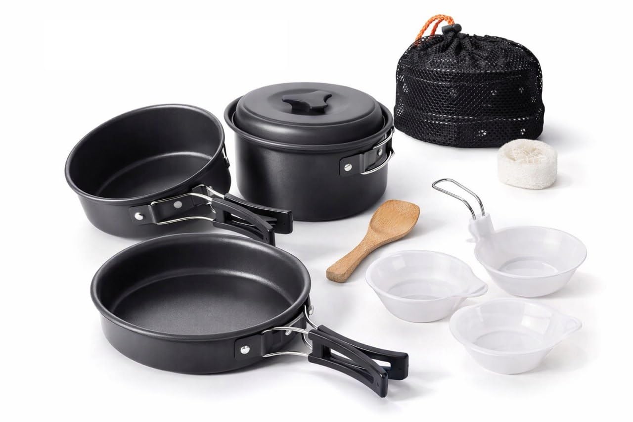 9 Pcs Camping Cookware Mess Kit Backpacking Gear & Hiking Outdoor Cooking Set with Carry Bag, Lightweight, Compact, & Durable Pot Pan Bowls-image-31
