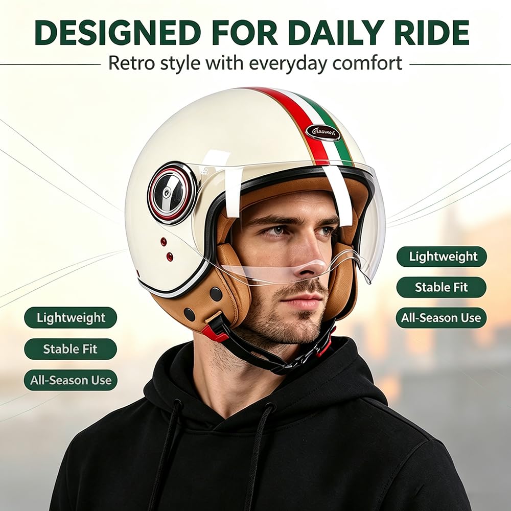 Caschi da Moto per Adulti con Visiera, Certificato ECE Copricapo Casco Aperto, Soddisfare la Sicurezza Stradale, Vintage Casco Jet, per Cruiser Scooter Touring (57~62CM)