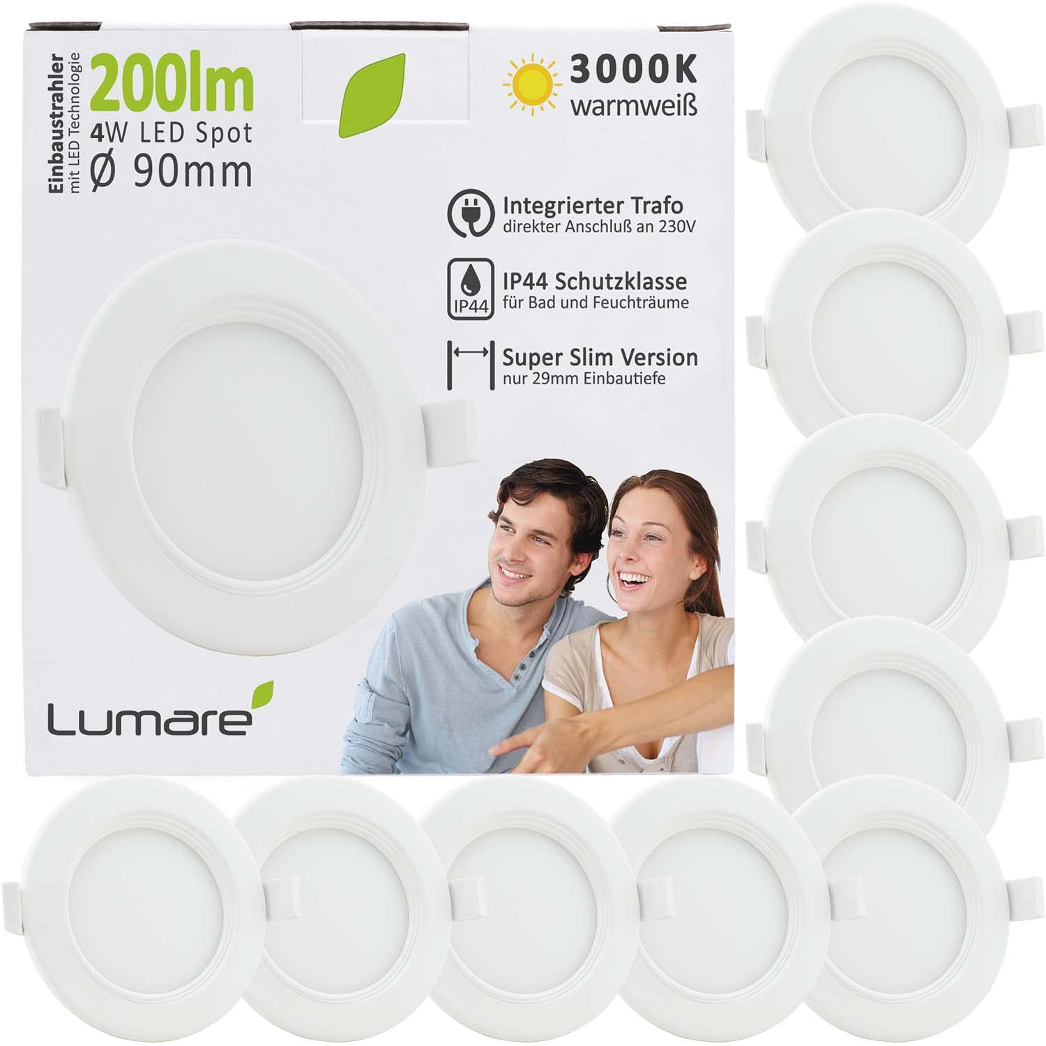 Lumare LED Einbaustrahler 4W | Ultra flach, 29mm Einbautiefe | Ø68mm Bohrlochdurchmesser | Spot Wohnzimmer, Badezimmer | Einbauleuchte Weiß Rund | 230V | IP44 Warmweiß 3000K | 9er Set