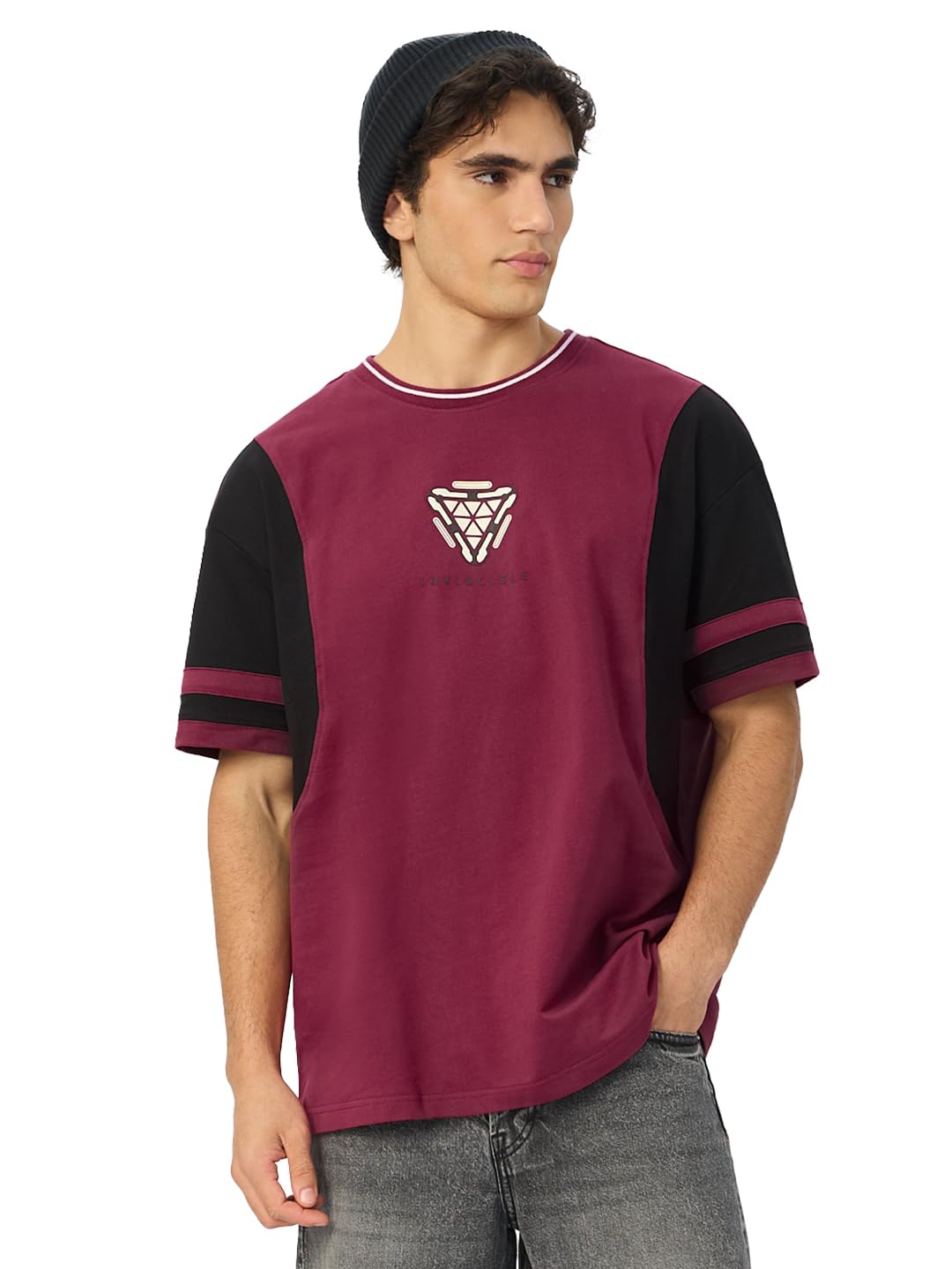 the souled store Iron Man: Arc Reactor Men and Boys Short Sleeves Round Neck Maroon and Black Graphic Printed Cotton Oversized T-Shirts-picture-16