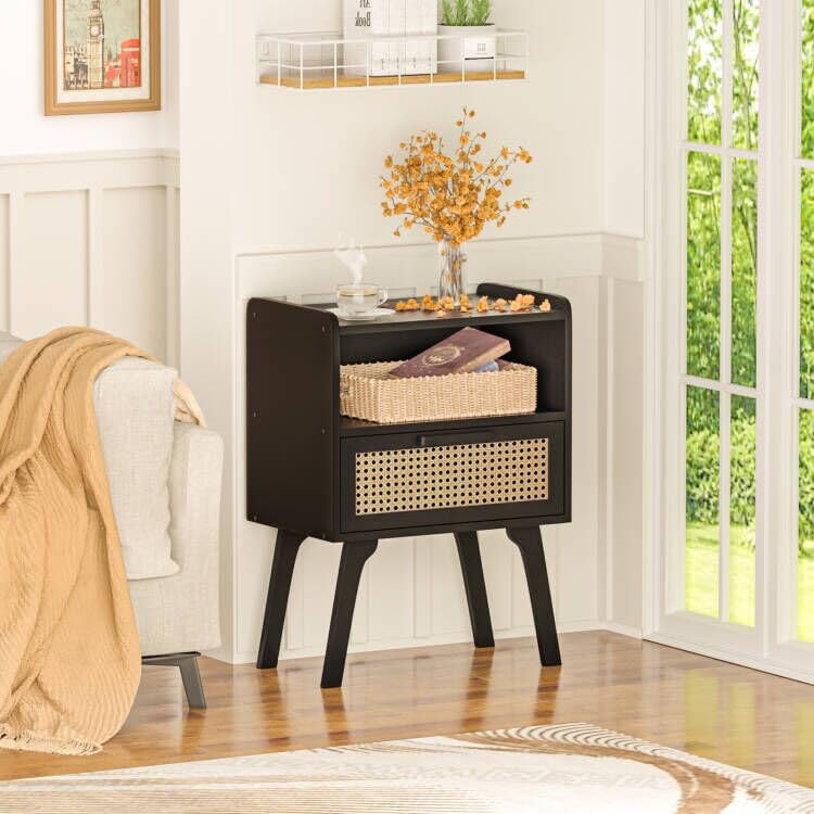 Image of Lerliuo Rattan Nightstand, Bedside Table with Drawer Open Shelf, Cane Accent Side End Table with Solid Wood Legs, Black Mid Century Night Stand for Bedroom, Dorm and Small Spaces