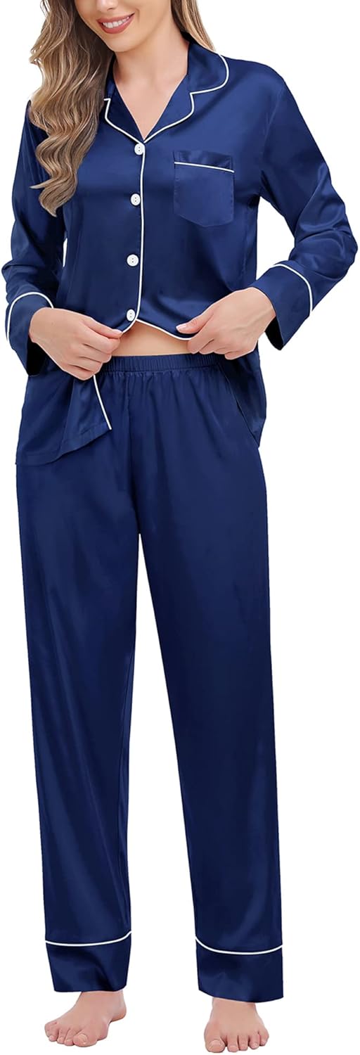 SWOMOG Womens Satin Pajamas Long Sleeve Sleepwear Silk Soft Button Down Loungewear Pjs Set S-XXL - Image 2