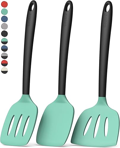 Miniatura 8 de Coukre Juego de 3 espátulas de silicona, resistentes a altas temperaturas, sin BPA, espátula para pescado, volteador sólido y con ranuras para