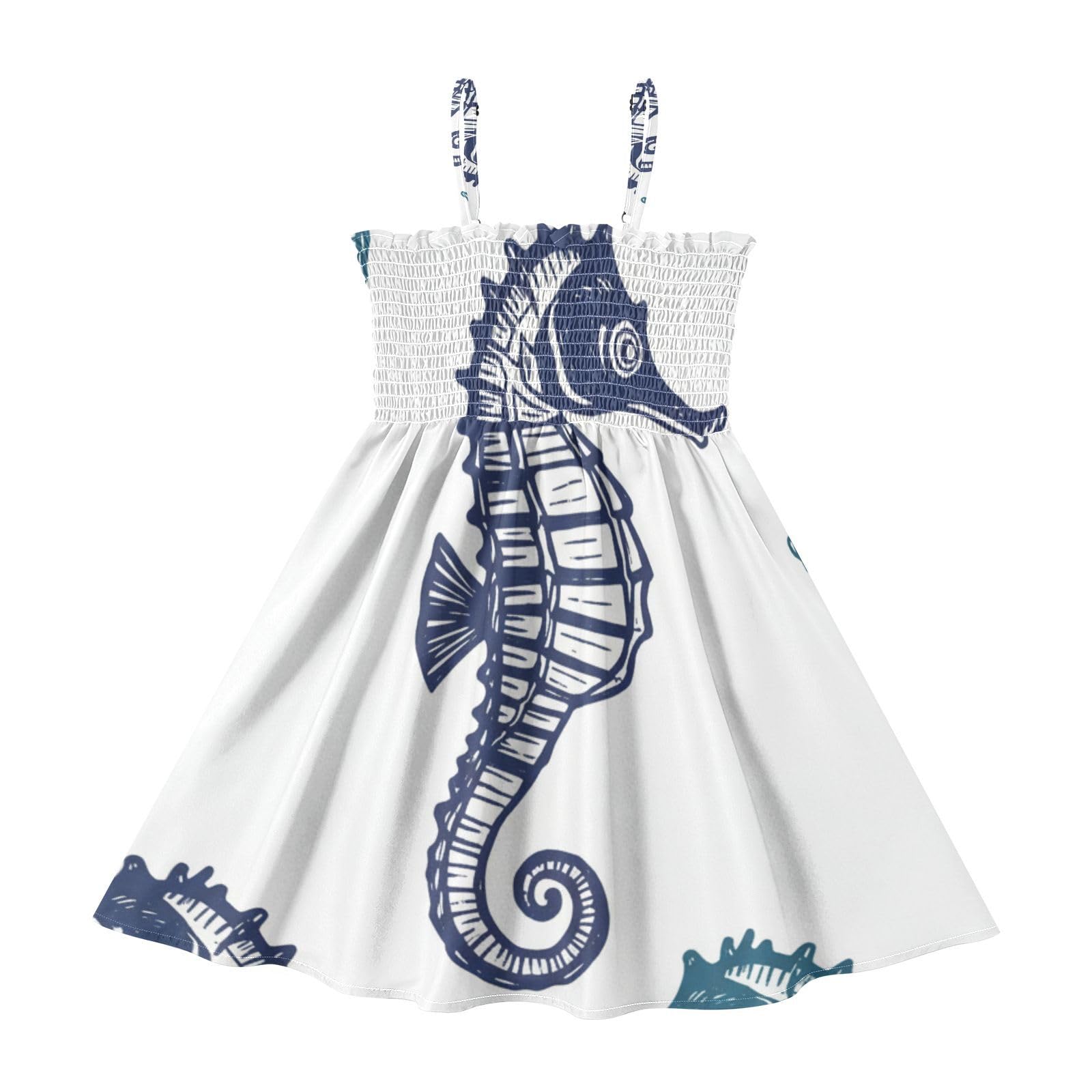 Girls Summer Dress Sleeveless Retro Seahorse Sundress Beach Outfits 2 - 8Y