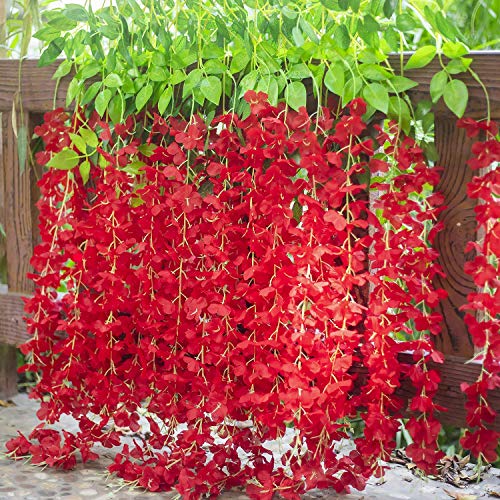 Image of Tia Crafts Polyester Artificial Hanging Flowers For Ceiling Balcony | Wisteria Vine | Home Party Decor Garden Outdoor Greenery Office Wall Decoration | Waterproof Washable - 3.7Ft /45 Inch (Red, 6)