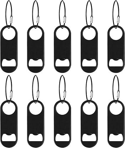 Paquete de 10 abridores de botellas planos de acero inoxidable con llavero de 3.5 pulgadas, abrebotellas de cerveza de color negro, mini