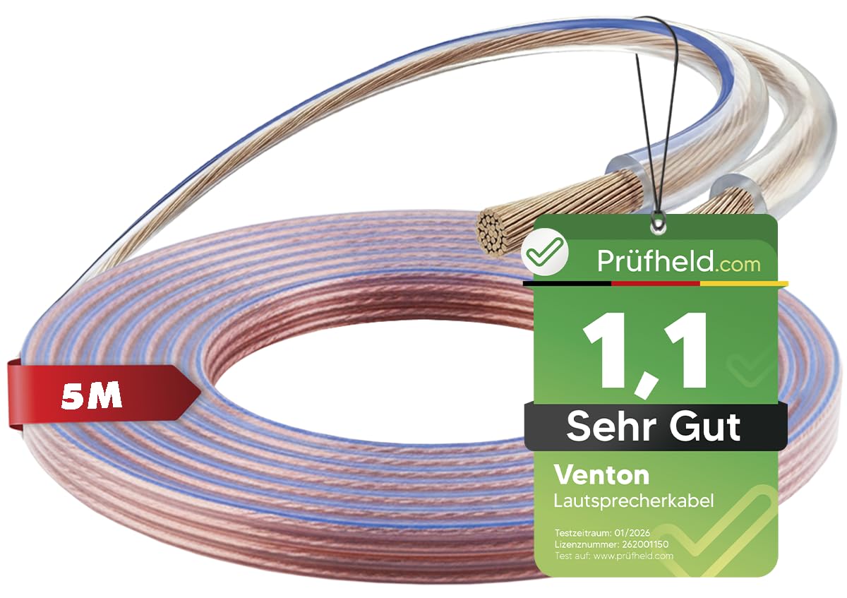 VENTON [Test SEHR GUT, Note 1.1] 5m VOLLKUPFER HQ Lautsprecherkabel 2x2,5 mm², Passiver Subwoofer Kabel, Lautsprecher Audio Kabel, Kupfer Boxenkabel für HiFi Anlage Surround Sound System Auto, 5 m