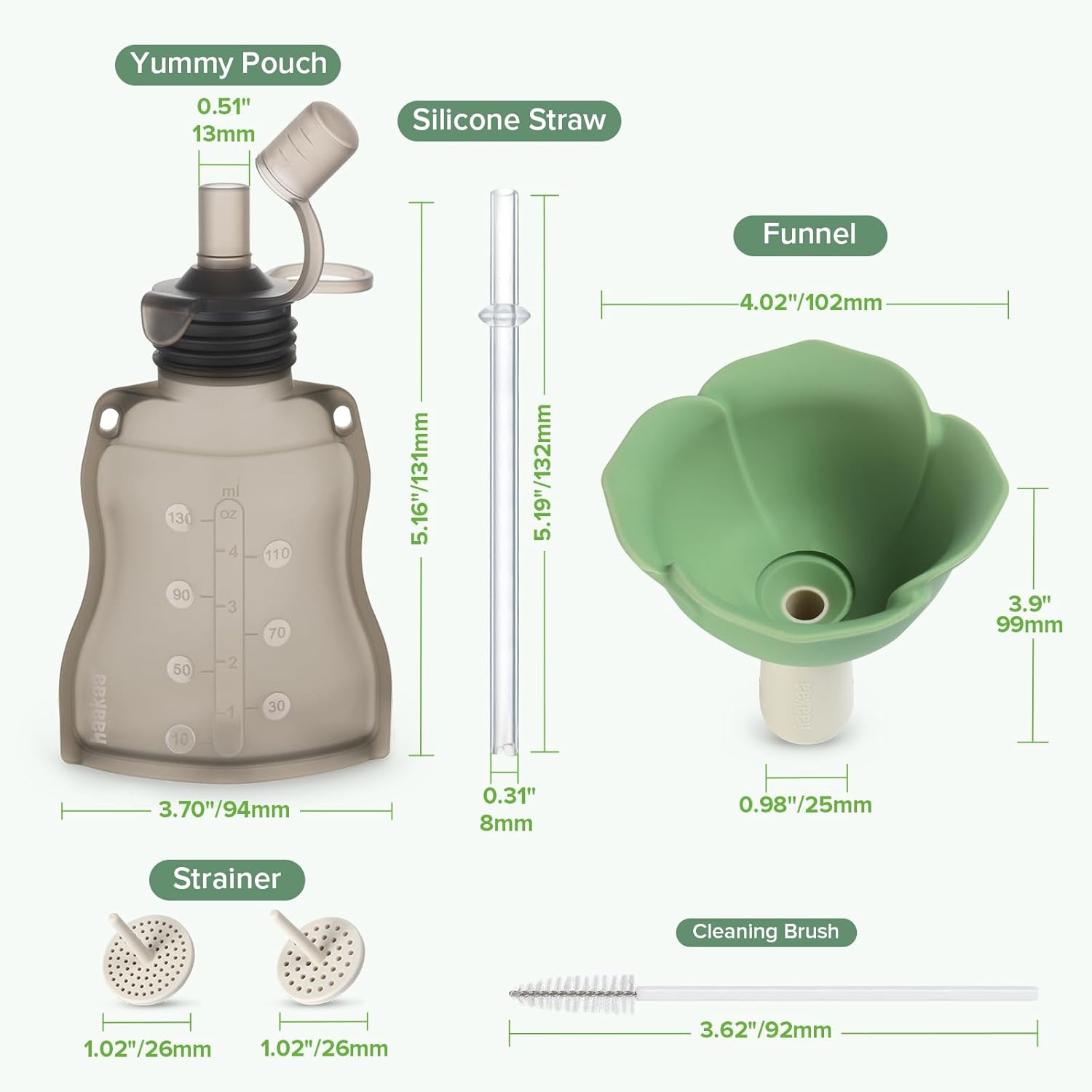 haakaa Fill & Go Yummy Pouch ＆ Flower Funnel Combo - Grey Pouch (2pcs) + Spring Green Funnel