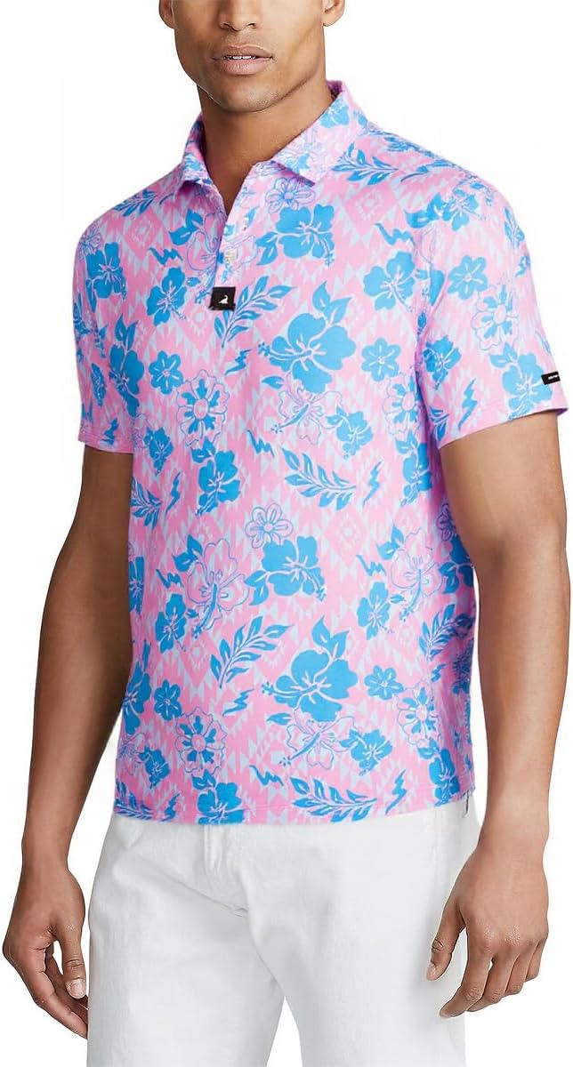 SURF CUZ Golf Shirt Moisture Wicking for Men Dry Fit Polo Shirts Short Sleeve Print Performance 4-Way Stretch