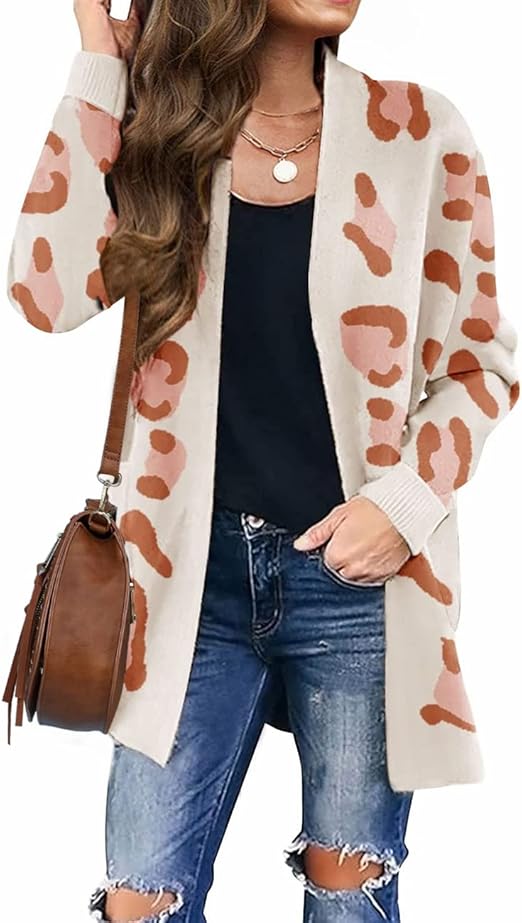 ZESICA Women's 2023 Fall Winter Long Sleeves Open Front Leopard Print Knitted Sweater Cardigan Coat Outwear