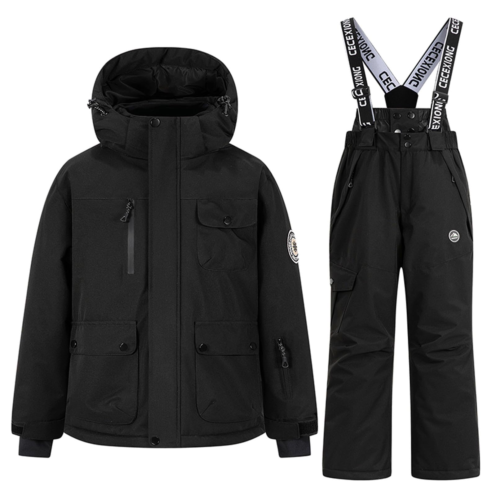 SYDUZAX Kinder Skianzug 2 Teiliges Set Skijacke und Skihose Kapuze Praktische Taschen Warm Winddicht Wasserdicht Snowboarden Jungen Mädchen Schneeanzug für Kinder 3-14 Jahre