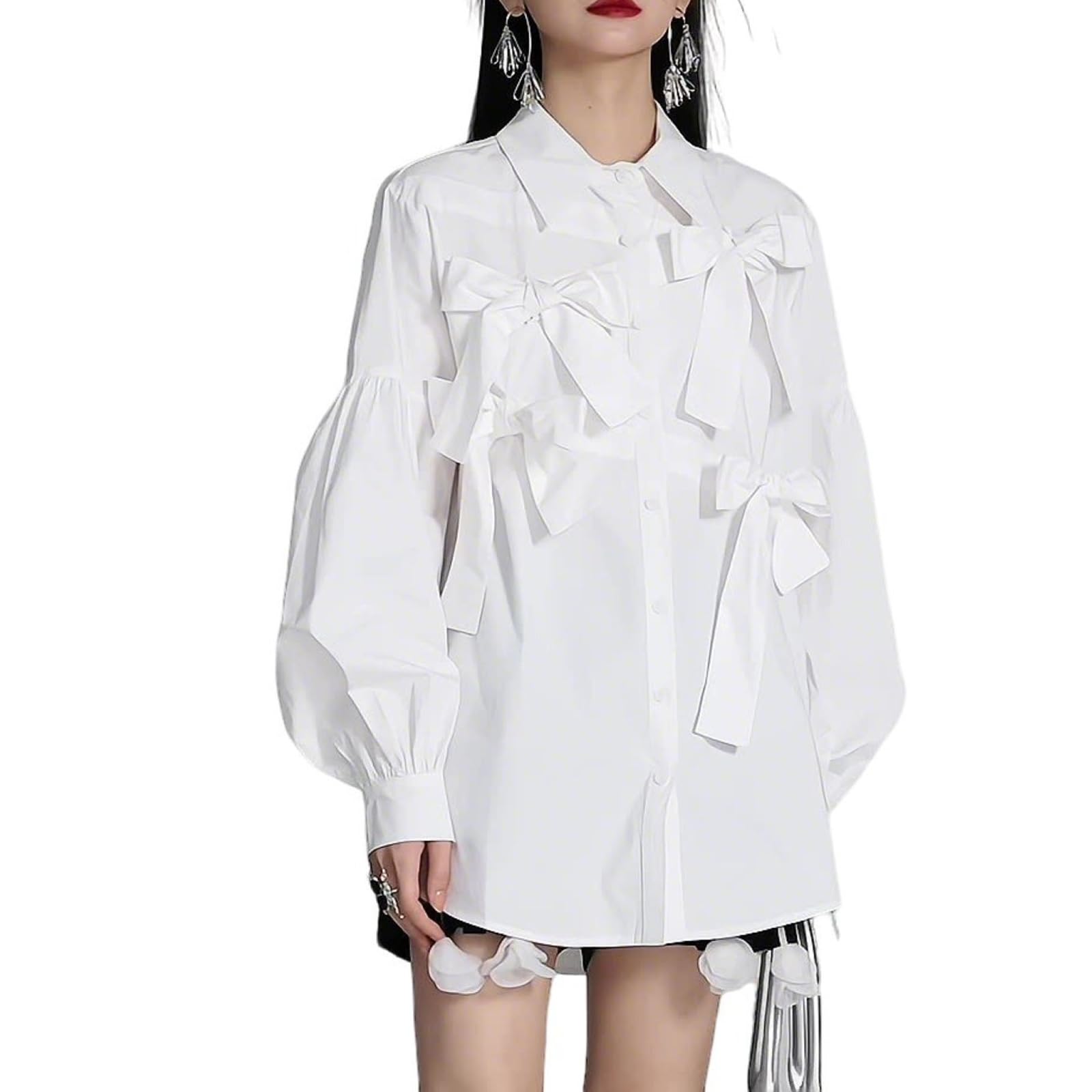 Camicia a maniche lunghe con fiocco da donna Risvolto Button Up Alla moda Sciolto Elegante Camicetta da ufficio Top