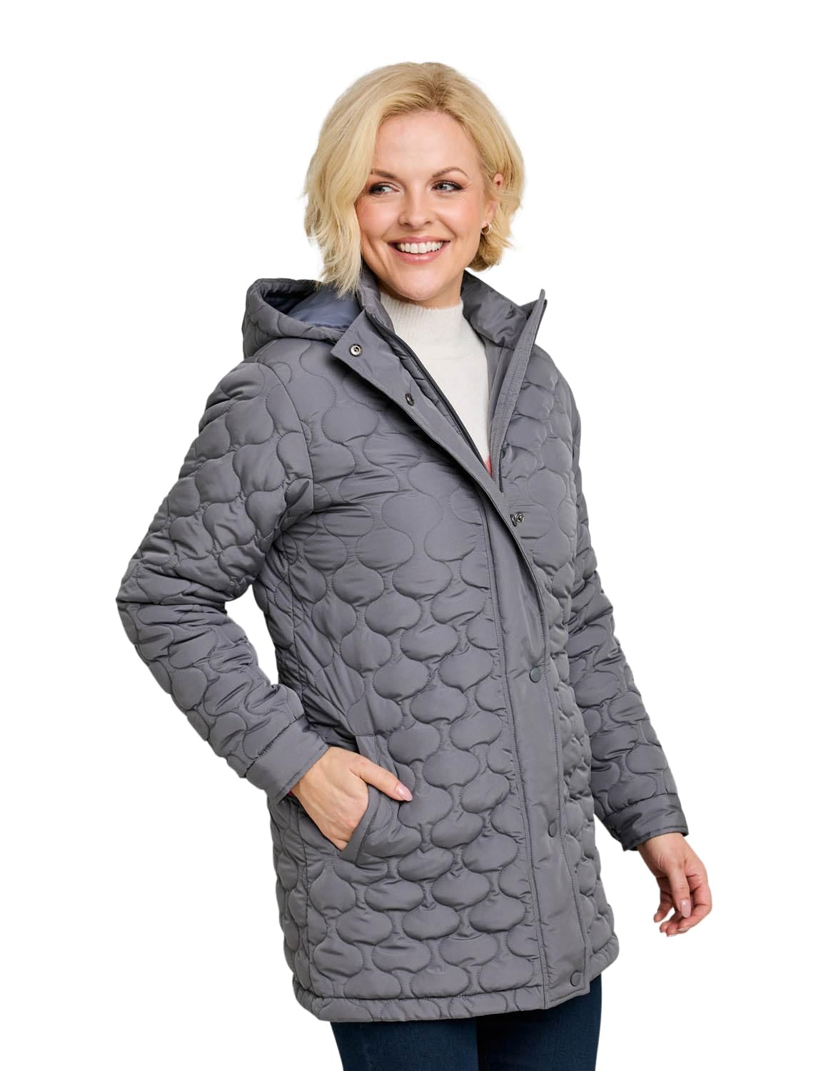 Amber Ladies Quilted Water-Resistant Jacket with Detachable Hood Adjustable Cuffs & Secure Pockets Grey 18