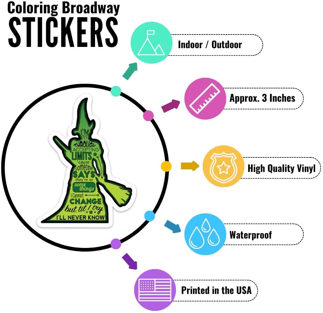 Coloring Broadway - Wicked Inspired Musical Stickers (Set of 10), Wicked Musical Merchandise, Elphaba Broadway Stickers for Laptop, Die-Cut & Bubble Free Vinyl, Ideal Gift for Theater Lovers