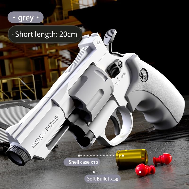 Image of Revolver Toy Gun | Real Looking Plastic Airsoft Gun Pistol| Semi-Automatic Style | 12 Bullet Shell' and 50 Bullet Included(White+Grey)