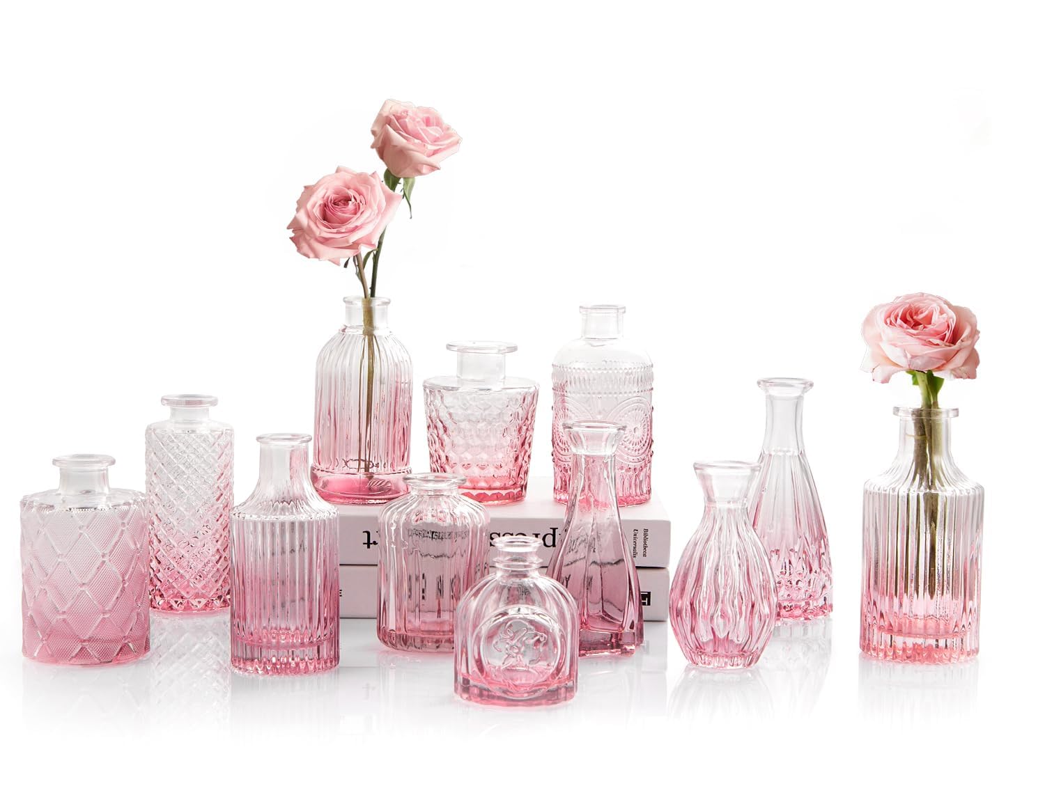 Pink Glass Bud Vases Set of 12, Vintage Mini Vases for Centerpieces, Glass Bud Vase in Bulk for Wedding Decor, Single Flowers, Office and Home Table Flower Décor