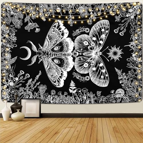 Krelymics Aesthetic Butterfly Tapestry Plants Flowers Tapestries Boho Moth Tapestry Moon Garden Tapestry Black and White Tapestry Wall Hanging for Bedroom Dorm(59.1 x 82.7 inches)
