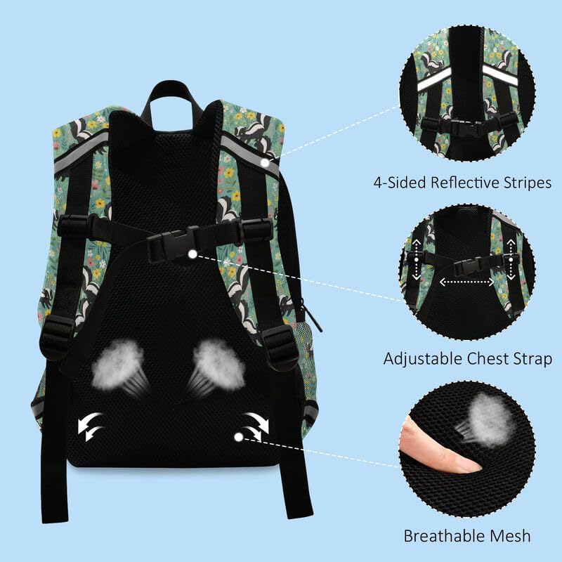 QUGRL Skunk Floral Pattern Print Toddler Backpack for Boys Girls Kids School Backpack with Chest Strap Leash Preschool Schoolbag Nursery Kindergarten Bag for Daycare Travel Hiking School