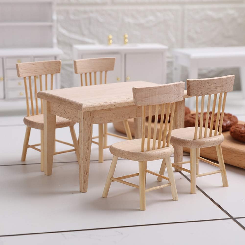Wooden Dollhouse Furniture of Table & Chair, Miniature Dollhouse Accessories of Dining Room Accessory - 1/12 Scale