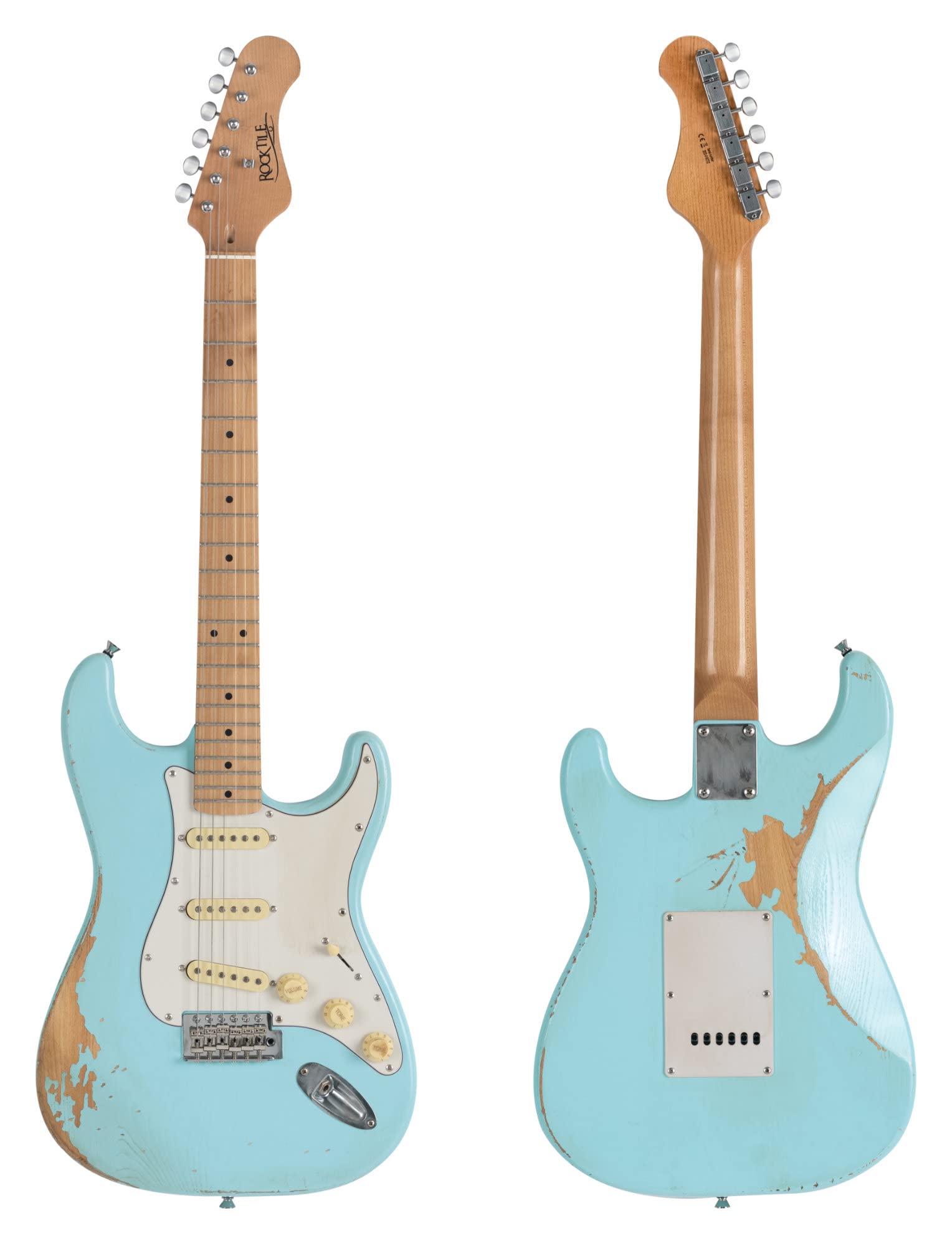 Rocktile Vinstage ST-RMGN E-Gitarre - Relic-Gitarre in Aged-Style - Korpus: Esche - Griffbrett/Hals: gerösteter Ahorn - 3x Single Coil Pickup - Vintage-Hardware - Bright Sky Blue