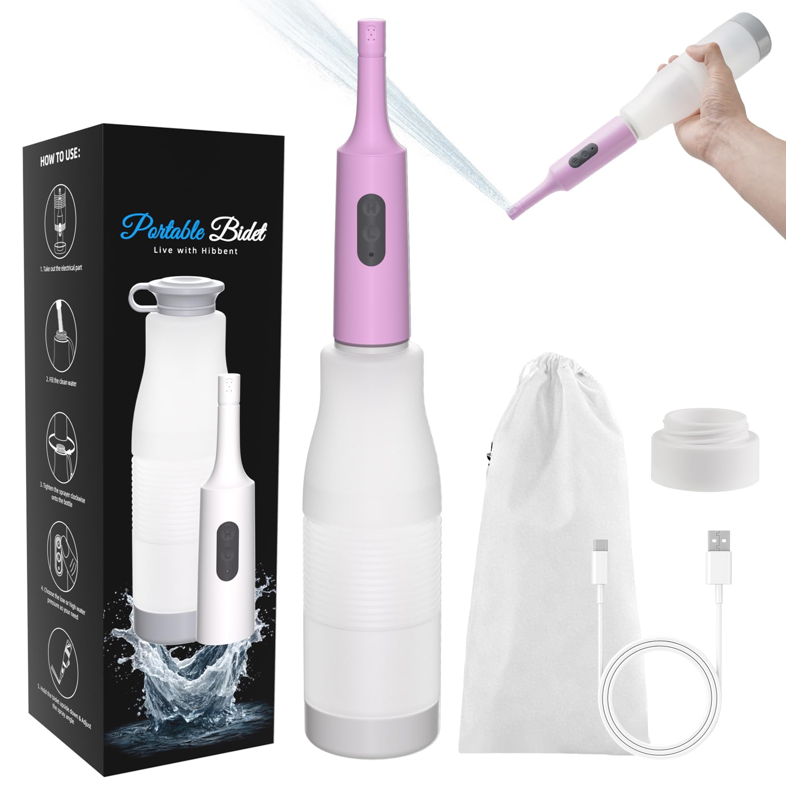Hibbent Portable Bidet for Travel, High Pressure Electric Handheld Bidet Sprayer, 350-550ML Expandable Bottle for Personal Hygiene, USB-C Rechargeable Waterproof, Travel Sprayer for Women &amp; Men, Pink