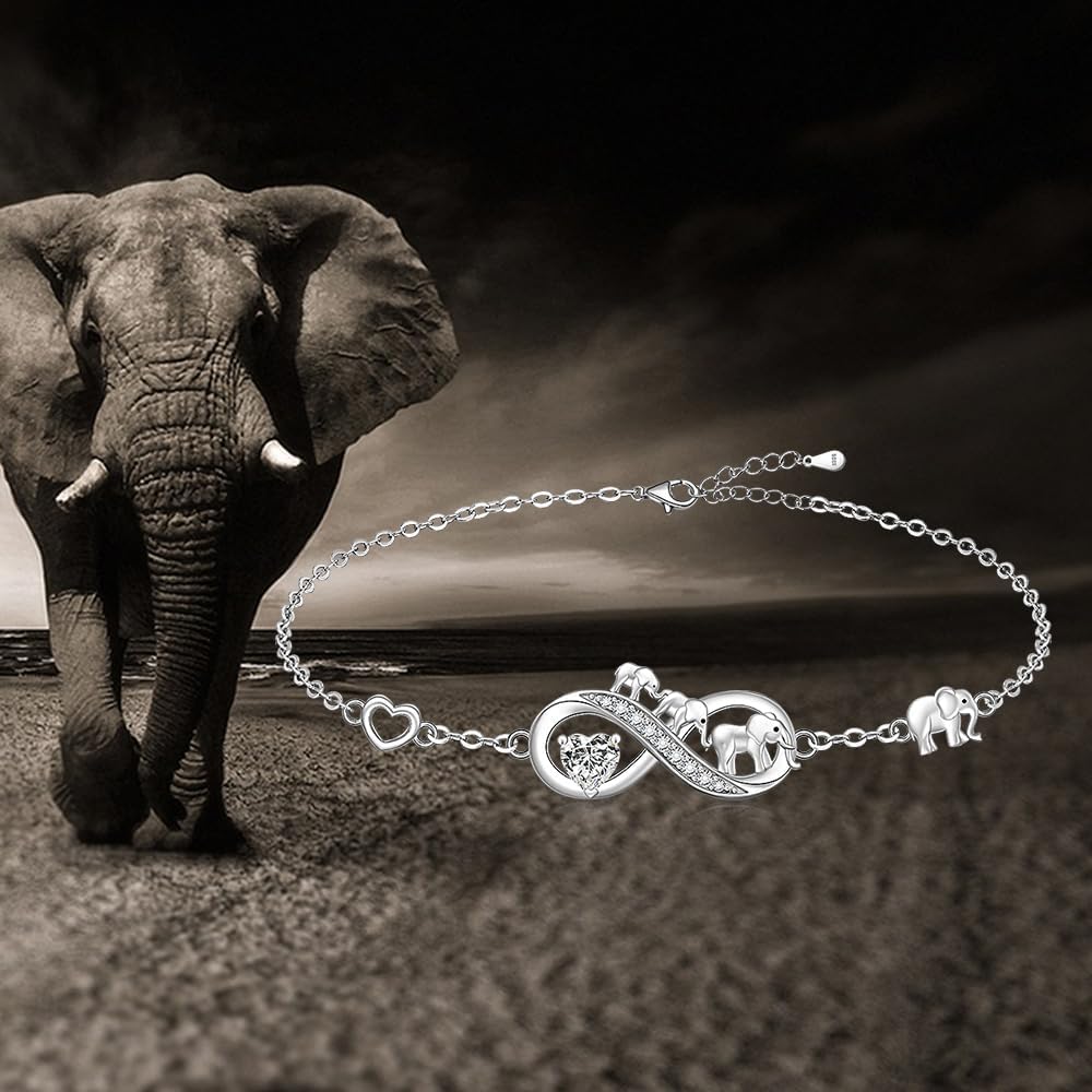 Fenthring Elephant Bracelet S925 Sterling Silver Heart Infinity Elephant Bracelets for Women Mom Adjustable Womens