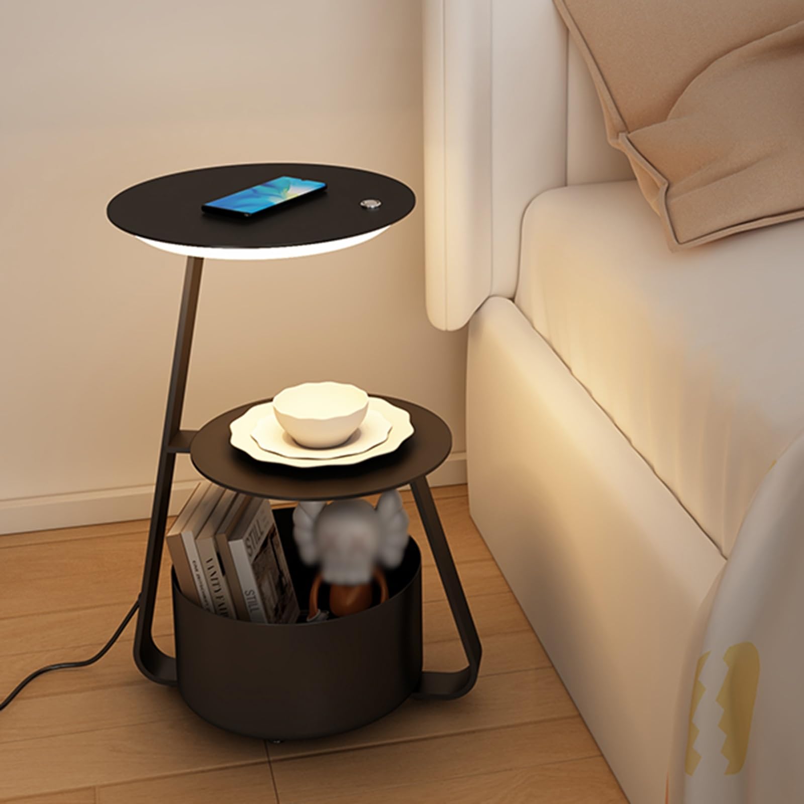Table de Chevet à Chargement sans Fil : Meuble Premium Style Crème à Éclairage LED