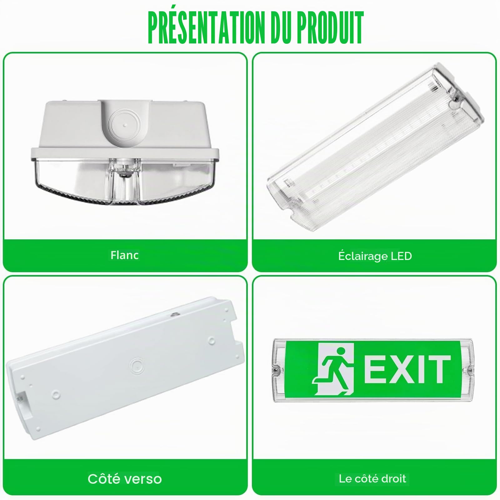 Éclairage de secours à LED, éclairage de sortie de secours à LED, éclairage de sortie de secours étanche IP65 avec batterie de secours, panneau de sortie de secours éclairé 3H, 4 pictogrammes
