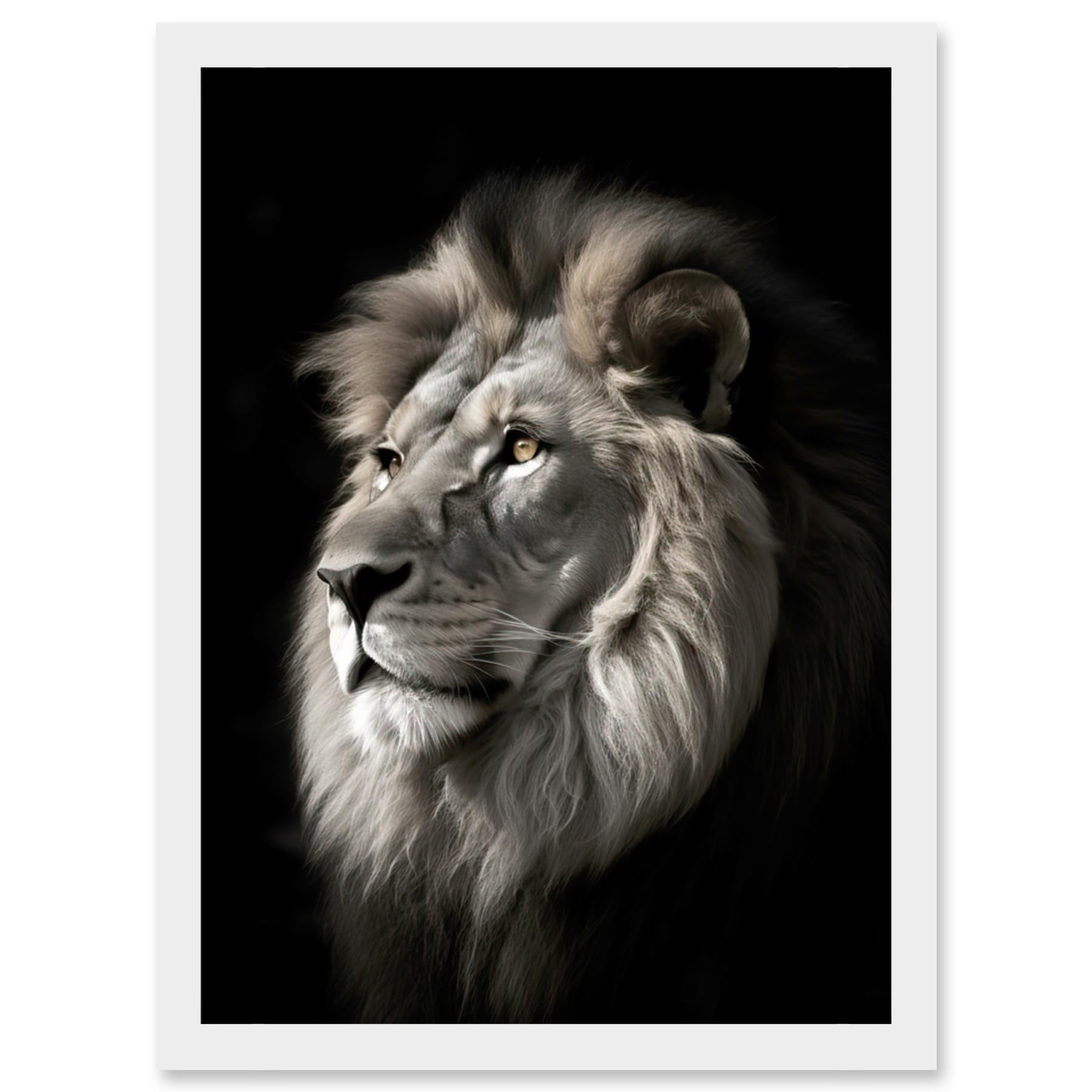 Artery8 Lion Head Portrait Dramatic Photograph Strong Leo Dark Atmospheric Light Artwork Framed Wall Art Print A4