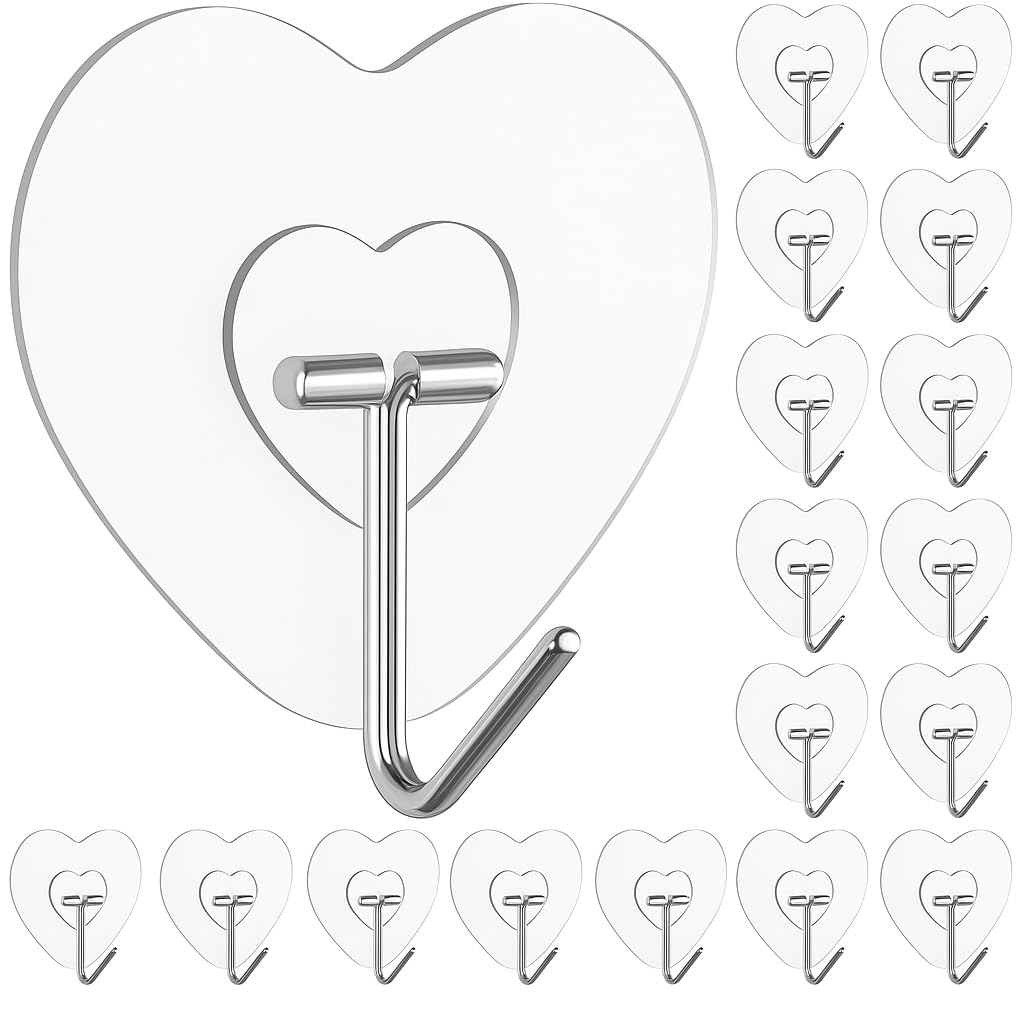 JIALTO 20 Pcs Love Shape Wall Hanging Hooks for Wall Without Drilling, Self Adhesive Hooks for Heavy Duty Strong Love Hook Home Accessories Items