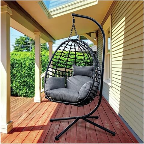 POULEII Hanging Egg Chair, Swing Chair with Steel Stand, Hammock Chair with Soft Seat Cushion & Pillow, Multifunctional Hanging Chair for Outdoor Indoor Bedroom, Balcony(Grey) Cover