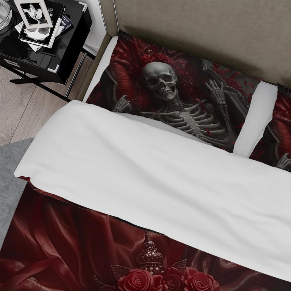 Zestaw Poszwa na kołdrę Halloween 3 sztuki Romantyczny szkielet z czerwoną suknią ślubną Zestaw pościeli z nadrukiem z zamkiem błyskawicznym 2 poszewki na poduszki 180 x 200 cm