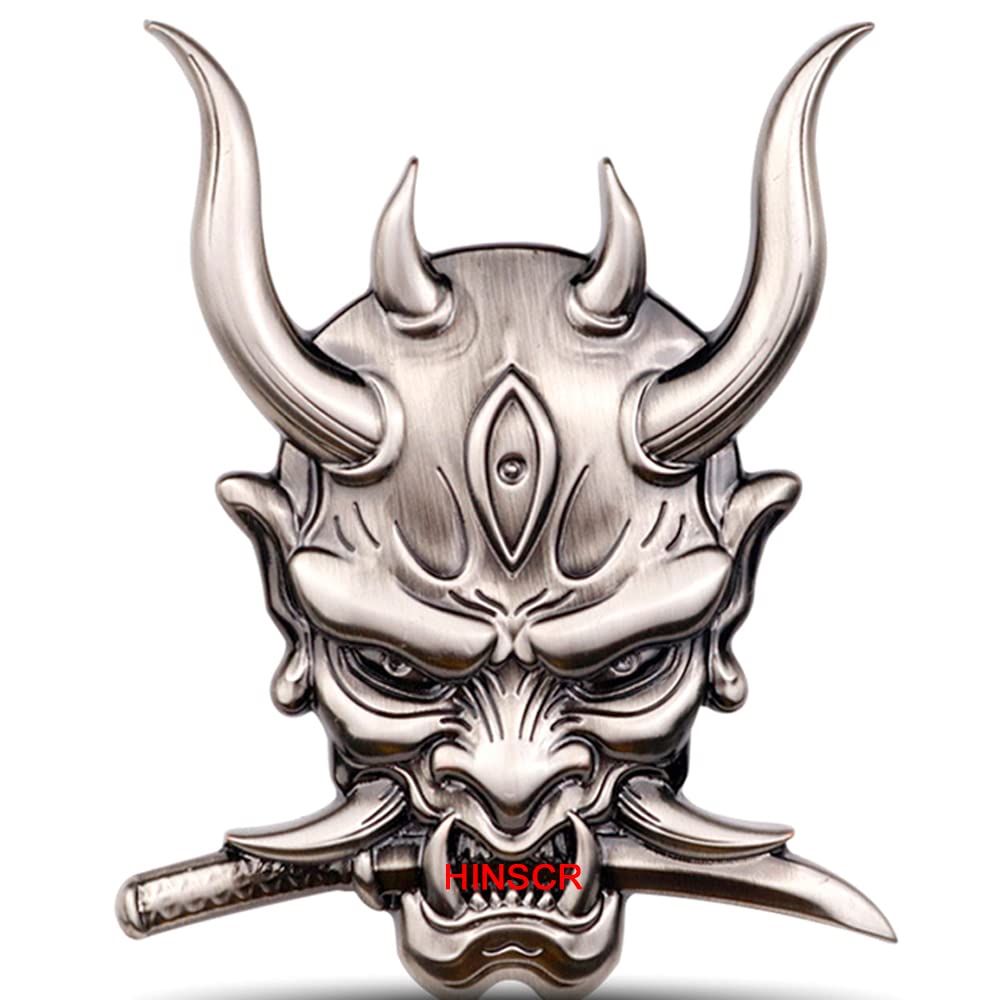 Demon Emblem Badge Car 3D Samurai Devil Metal Label Side Tail Decal Ghost Samurai Skull Daemon Label Side Tail Sticker for Car (Gray)