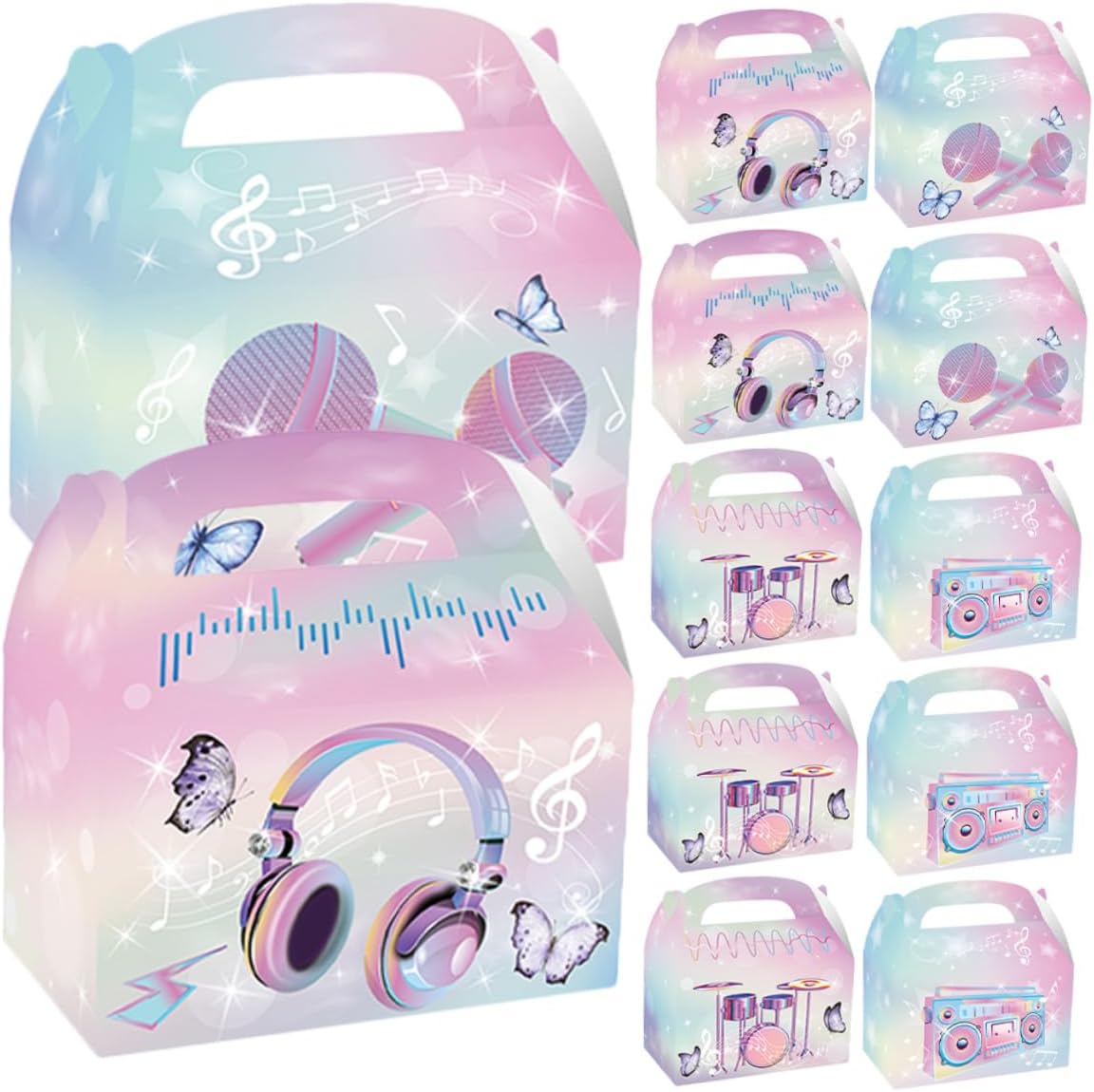 HEANUJJ 12pcs Music Note and Drum Party Candy Boxes with Handle, Retro Treat Favor Bags for Birthday, Wedding, and Music Theme Celebrations
