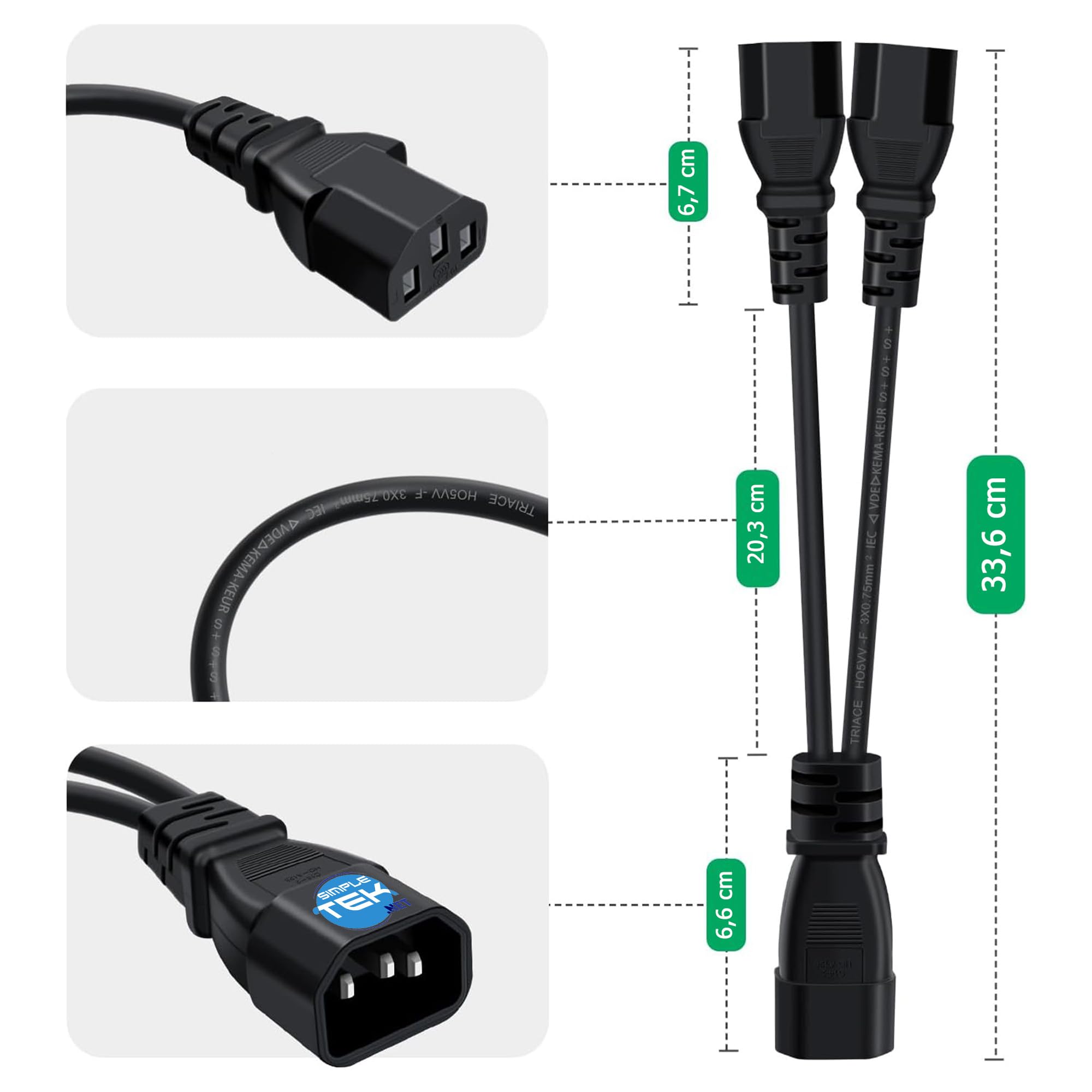 SIMPLETEK Kabel rozdzielacza Y IEC C14 męski na 2 × IEC C13 żeński, długość 30 cm, zasilacz UPS/komputer stacjonarny
